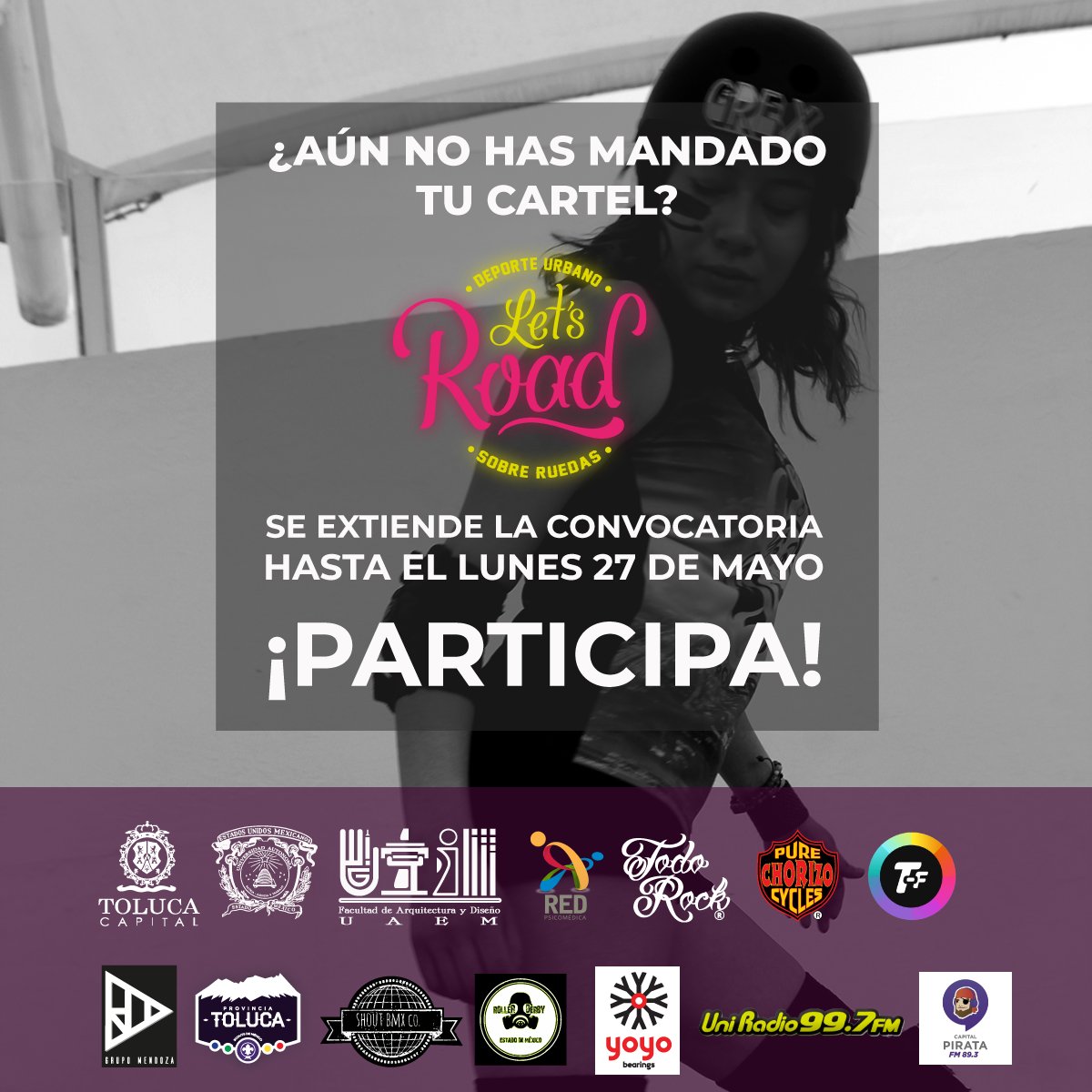 letsroadtol's tweet photo. Si aún no has enviado tu cartel ¡Tienes una última oportunidad!
Extendemos la convocatoria al 27 de Mayo para que lleguen los últimos. ¡Los esperemos este 1 de Junio!

#LetsRoad #LetsRoadToluca https://t.co/4cMSt9Mx3W