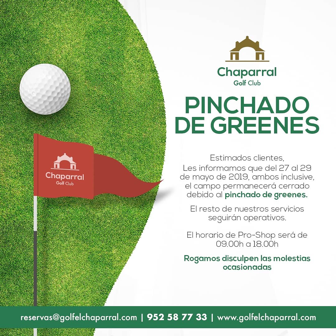 ChaparralGC's tweet photo. Due to Maintenance works on the greens ⛳ the course will be closed from 27th to 29th May.

We'll be back on Thursday 30th May 😉

#hollowtinning #maintenance #greens #greenkeeping #may #spring #chaparral #top #mijas #CostadelSol #pga #lovechaparral #makingmemories https://t.co/lKLkFuTGyw