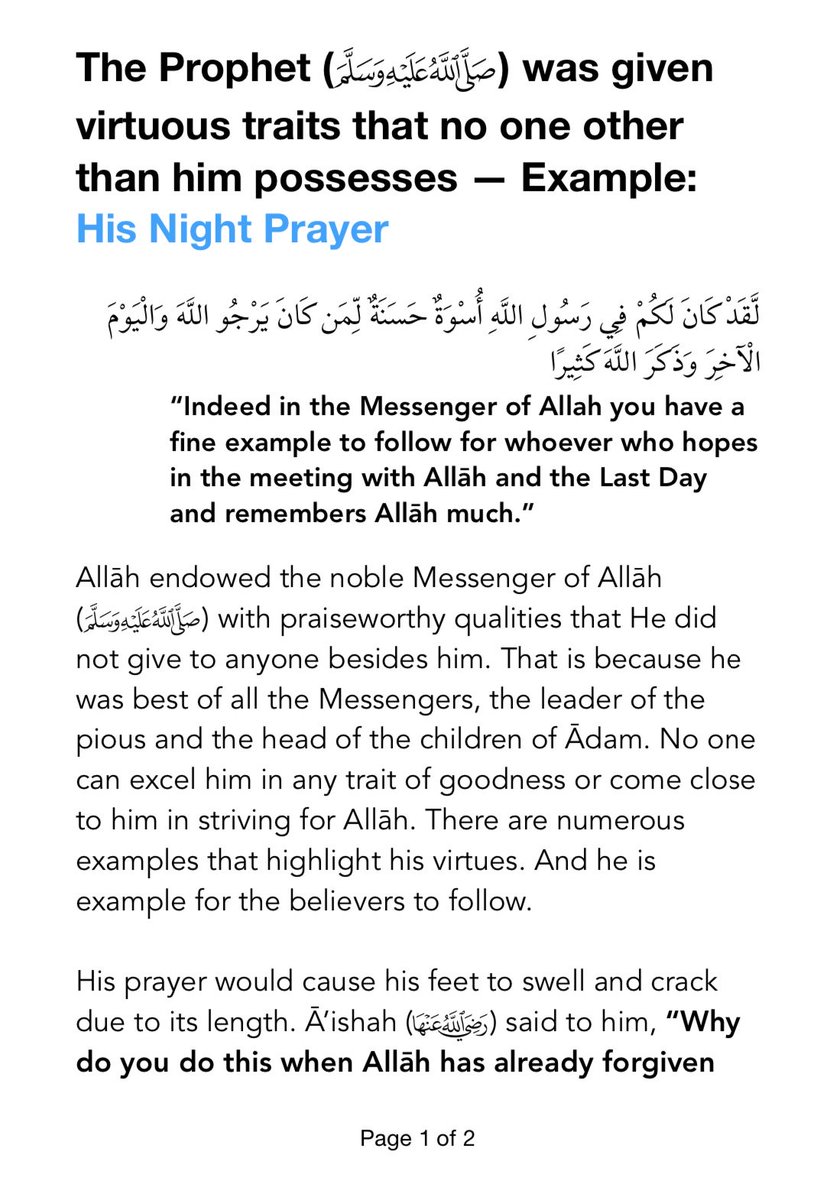 AbuKhadeejahSP's tweet photo. The Prophet (salallāhu ‘alayhi wasallam) was given virtuous traits that no one other than him possesses. He is the best of all the Prophets, the leader of pious, the chief of all the children of Ādam — Example 1: His Night Prayer https://t.co/PwsynmIXWN