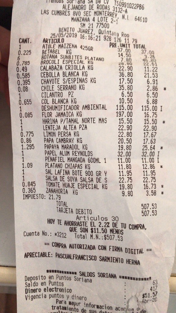 PASCUALSH's tweet image. @Mega_Soriana #quemalservicio fui ayer a hacer mi súper y pagué con vales, cuando veo mi ticket no se sumo mi dinero electrónico, cuando pregunté el cajero contesto de manera muy prepotente, estamos haciendo cambios y no se suma 😱 mega soriana de la kabah en Cancún