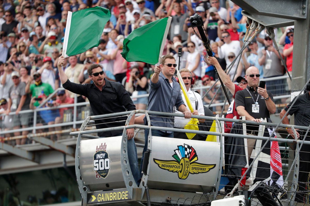 IndyCaronNBC's tweet photo. Hope you had fun, Matt Damon and Christian Bale!

#MustBeMay #Indy500 https://t.co/IX74a3Ui5U