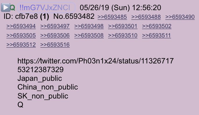 !!NEW Q - 3348!!12:56:20 EST  https://twitter.com/Ph03n1x24/status/1132671753212387329Japan_publicChina_non_publicSK_non_publicQ #QAnon  @realDonaldTrump