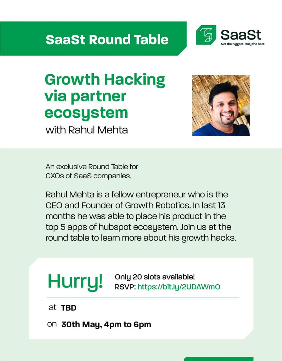 teamTGIC's tweet photo. Hear Rahul Mehta, Founder & CEO of @growthrobotics, at #SaaSt Roundtable, share his journey to one amongst the top 5 apps on Hubspot ecosystem.
To all the CXOs of Saas companies, attend this insightful talk on 30 May, from 4 pm to 6 pm. RSVP at https://t.co/EoYIgzqo3j https://t.co/43YFLnNbm4