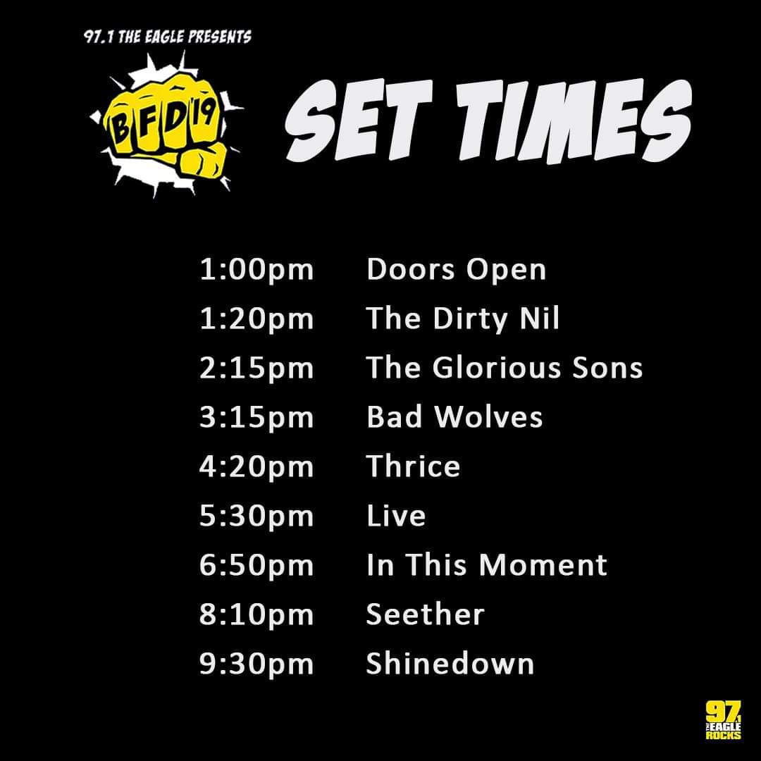 97 1 The Eagle On Twitter Gates Open For Bfd At 1 00pm A Small Amount Of Tickets Are Available At The Dosxxpavilion Box Office Shinedown Seetherofficial Officialitm Freaks4live Thrice Badwolves Theglorioussons Thedirtynil Https T Co