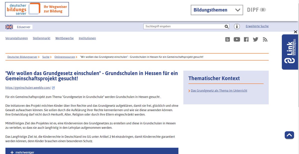 Wir haben es geschafft! 🥳 
Vielen Dank an Bildungsserver.de dafür, dass ein Beitrag zu unserer Kampagne verfasst wurde sowie einen Aufruf an Grundschulen für uns getätigt wurde! 😊
Hier finden Sie den Artikel: bildungsserver.de/onlineressourc…

#ggeinschulen #onkomm #70jahregg