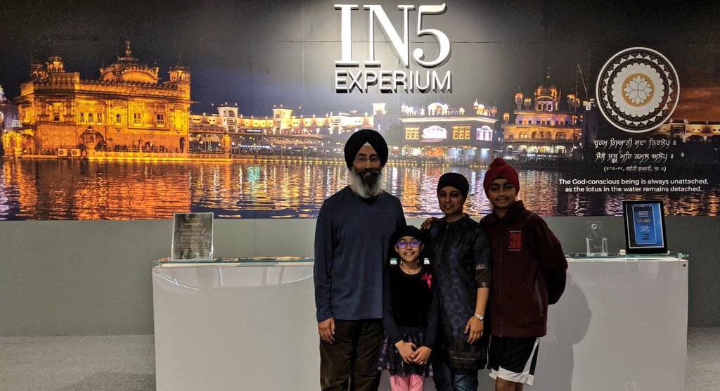 1Force's tweet photo. Brought family to @IN5Experium in Brampton, spent about 2 hours. Their feedback: cool, great looking, informative; really liked 5 wall interaction &amp; #SriHarimandarSahib virtual; desired brochure, more interactive functionality, kids-friendly voice app. All recommended &amp; enjoyed. https://t.co/VgSfFmDE4S