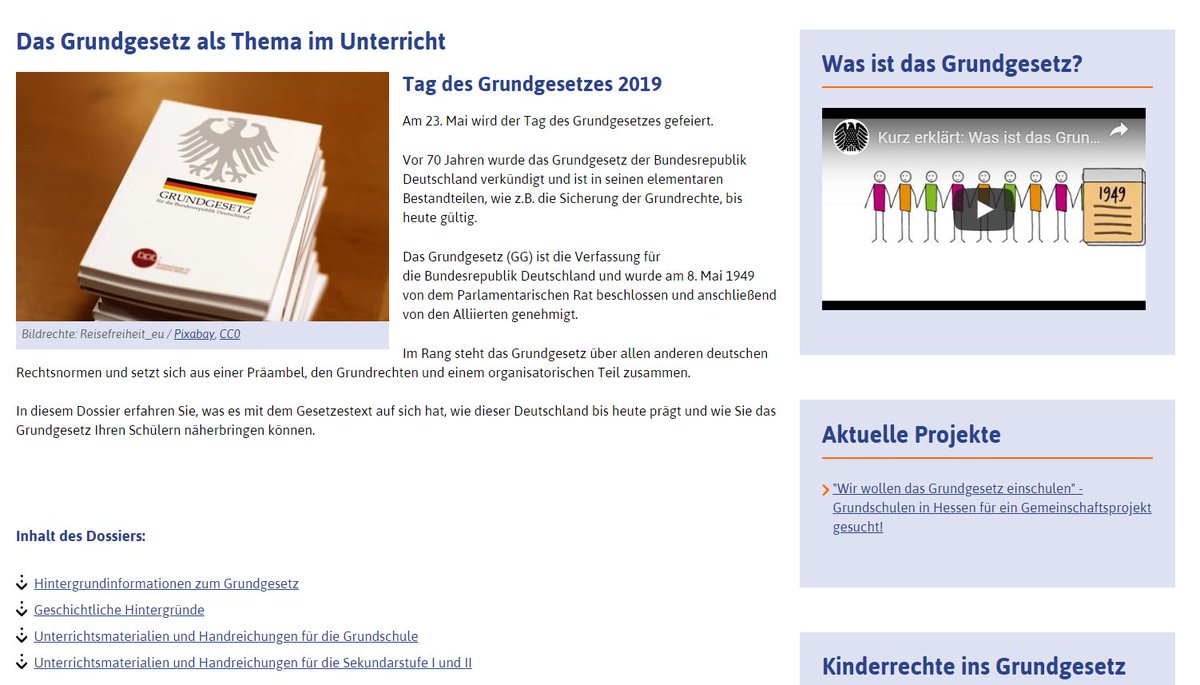 Auf bildungsserver.de finden Sie nun zudem ein Dossier zum Thema: "Das Grundgesetz als Thema im Unterricht", wo Sie viele interessante Lehrmaterialien kostenfrei entnehmen können.
Vielen Dank an @DBS_20! 😊 #ggeinschulen

bildungsserver.de/Das-Grundgeset…

#70jahregg #onkomm