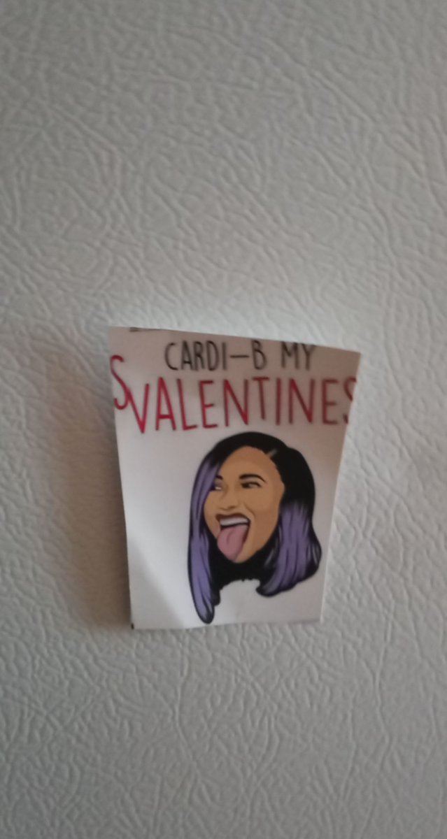 missblinki86's tweet photo. @iamcardib 
This has been on my fridge since Valentine's day! A nine year old boy gave them out 😝, much love from Texas! 💞 https://t.co/b7QrES66pR