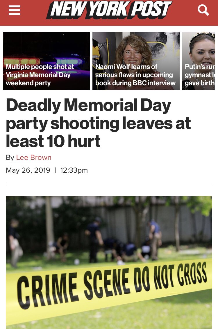 Deadly Memorial Day party shooting leaves at least 10 hurt!! https://nypost.com/2019/05/26/deadly-memorial-day-party-shooting-leaves-at-least-10-hurt/?utm_campaign=iosapp&utm_source=message_app @realDonaldTrump  @TheFarSideRight