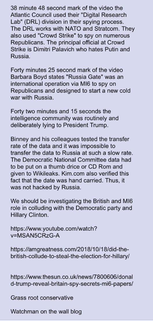 Bill Binney and Larry Johnson on "Russia Gate"!! https://amgreatness.com/2018/10/18/did-the-british-collude-to-steal-the-election-for-hillary/ https://www.thesun.co.uk/news/7800606/donald-trump-reveal-britain-spy-secrets-mi6-papers/Anon notable!! @realDonaldTrump