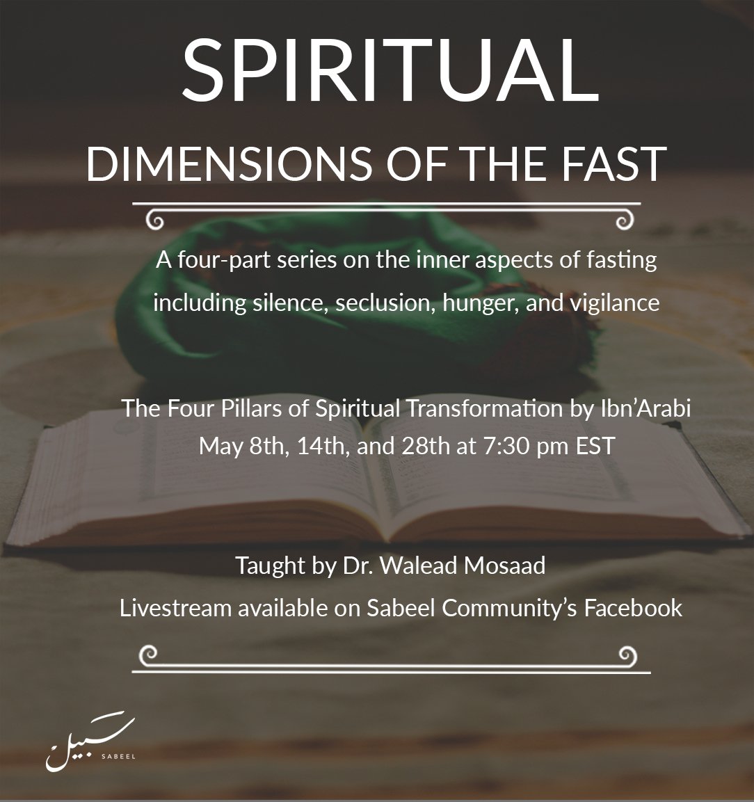 SabeelCommunity's tweet photo. Join us this Tuesday at 7:30 PM EST for the third class in the series, “The Spiritual Dimensions of Fasting,” with Dr. Walead Mosaad

Livestream available on Sabeel Community’s Facebook https://t.co/rQPPq0U0J0