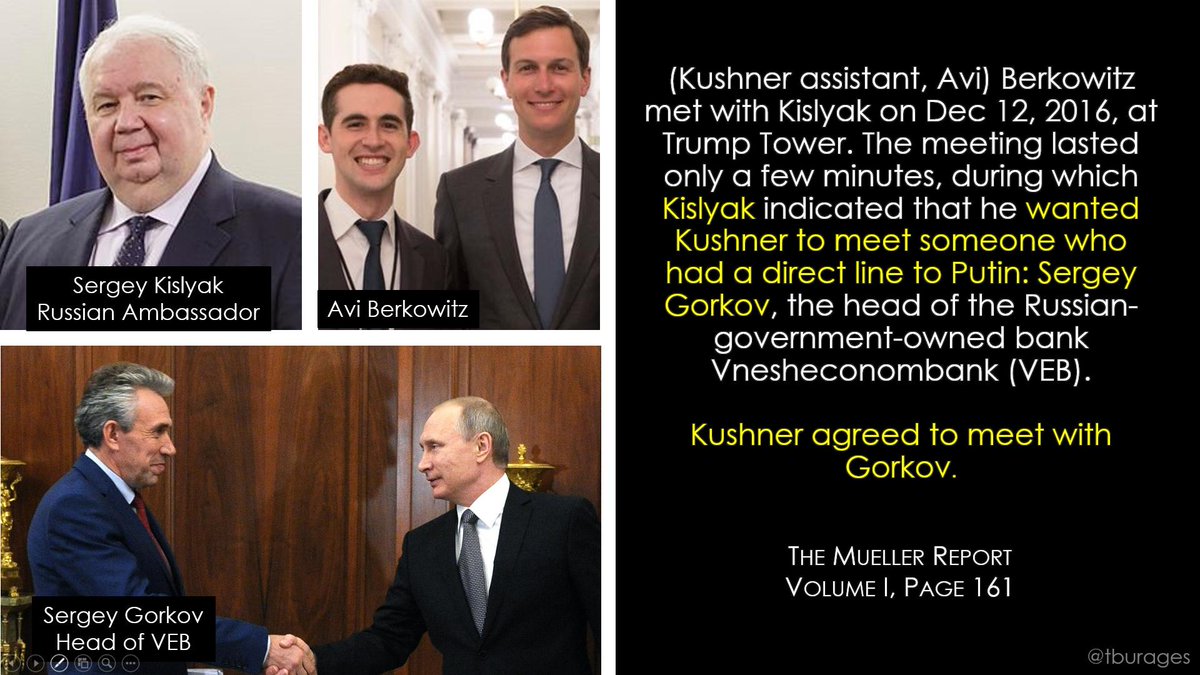 Kushner's assistant, Avi Berkowitz, also met with Kislyak during the transition. They set up a meet-and-greet for Kushner and Sergey Gorkov, the head of VEB.