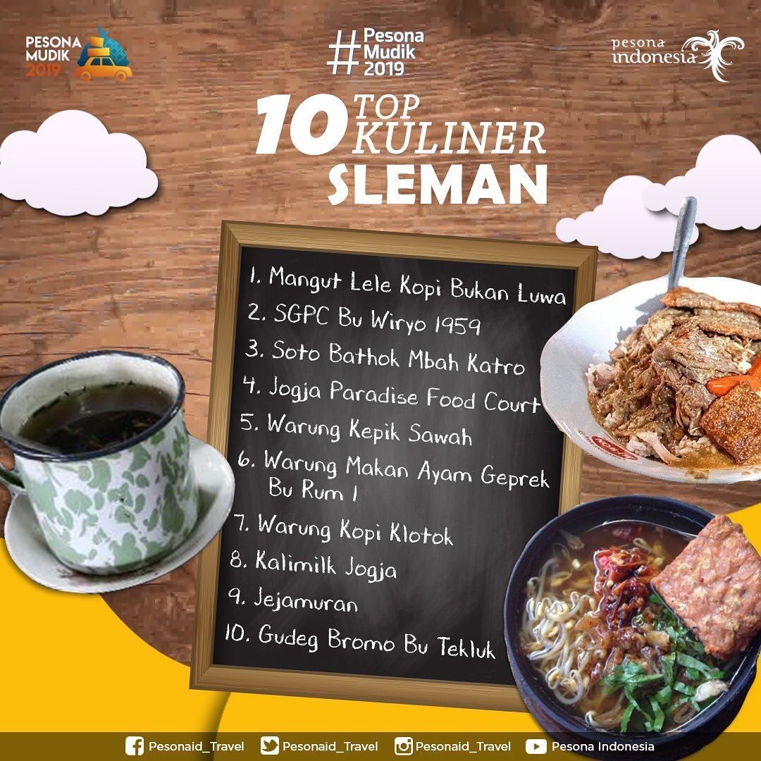 10 Top 👍🏻 Kuliner di Sleman

#Sleman adalah kabupaten yang banyak wisata kulinernya.

Silakan datang di 10 Top Kuliner di Sleman ini 👌🏻 Saat mudik, sempatkan menikmatinya bersama keluarga, sanak saudara, dan handai taulan, kesini ya 😘

#SlemanTheLivingCulture #KulinerSleman