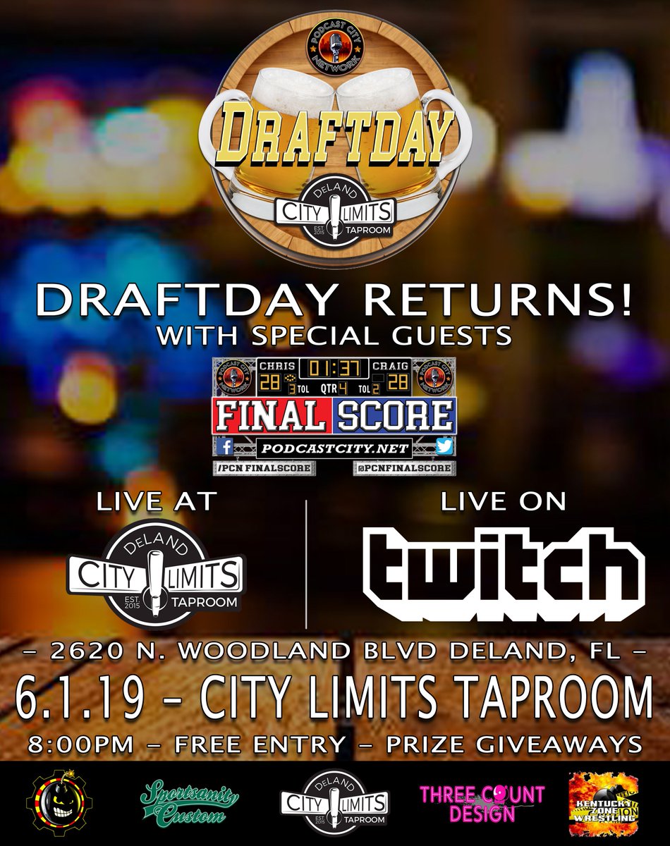 podcastcitynet's tweet image. Join us this Saturday, June 1st at 8pm EST as we go LIVE on @Twitch from City Limits Taproom in beautiful Deland, FL for Draftday with special guests @PCNFinalScore! Brought to you by @podcastcitynet!

#PodcastCityNetwork #PCNFinalScore #Draftday