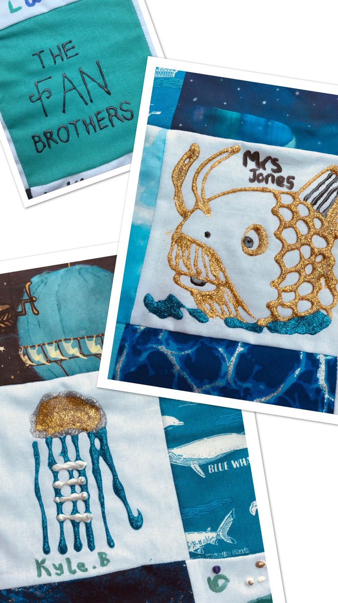 LibraryHanwell's tweet photo. Here is @HanwellFields completed memory quilt inspired after reading the beautiful book ‘Ocean meets sky’ by the Fan brothers @opifan64 @igo2cairo for @CILIPCKG - we hope you like it 🐋🌦🌊 https://t.co/vaZOlYgb6w
