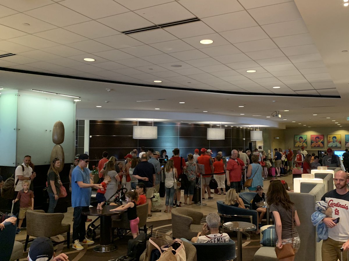 This is the lobby of the <a href="/HiltonHotels/">Hilton Hotels</a> ballpark in St.Louis. It’s a complete disaster less than two hours before first pitch. The line to check in is more than an hour. You can’t get a digital key. The elevator wait is over 30 minutes. Stay anywhere else if you get the chance.