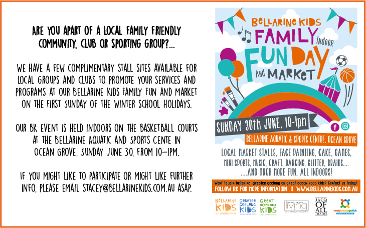 <a href="/BellarineKids/">Bellarine Kids</a> event - first Sunday of the Winter school holidays, Sunday June 30, indoors at BASC in OG from 10-1pm.
Want more info:
✌️stacey@bellarinekids.com.au