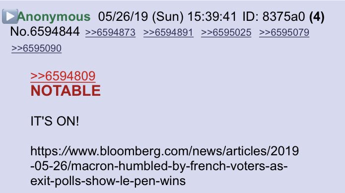 Macron Humbled in France as Exit Polls Show Le Pen Win, EU updates!! https://www.bloomberg.com/news/articles/2019-05-26/macron-humbled-by-french-voters-as-exit-polls-show-le-pen-winsAnon notable!! @realDonaldTrump  #GreatAwakeningWorldwide