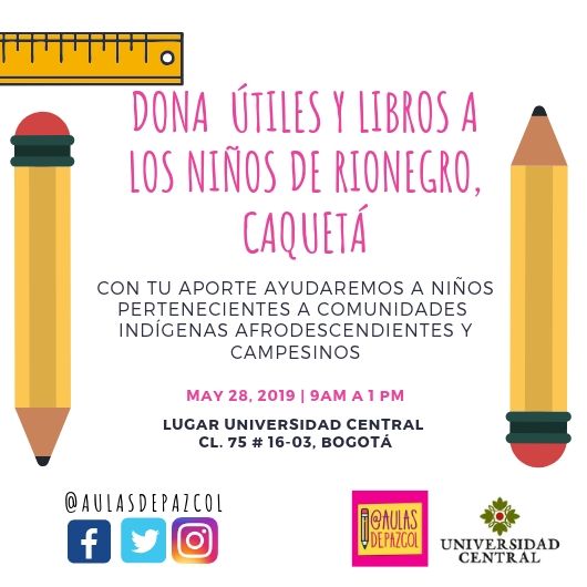 Faltan dos días para nuestra linda actividad en pro de los niños del Caquetá ¿qué tal si hacemos la diferencia entre todos.? Los Esperamos. #AulasRíoPaz #CambiandoVidas #LaEducaciónEsLaSolución <a href="/ucentralbogota/">Universidad Central</a>