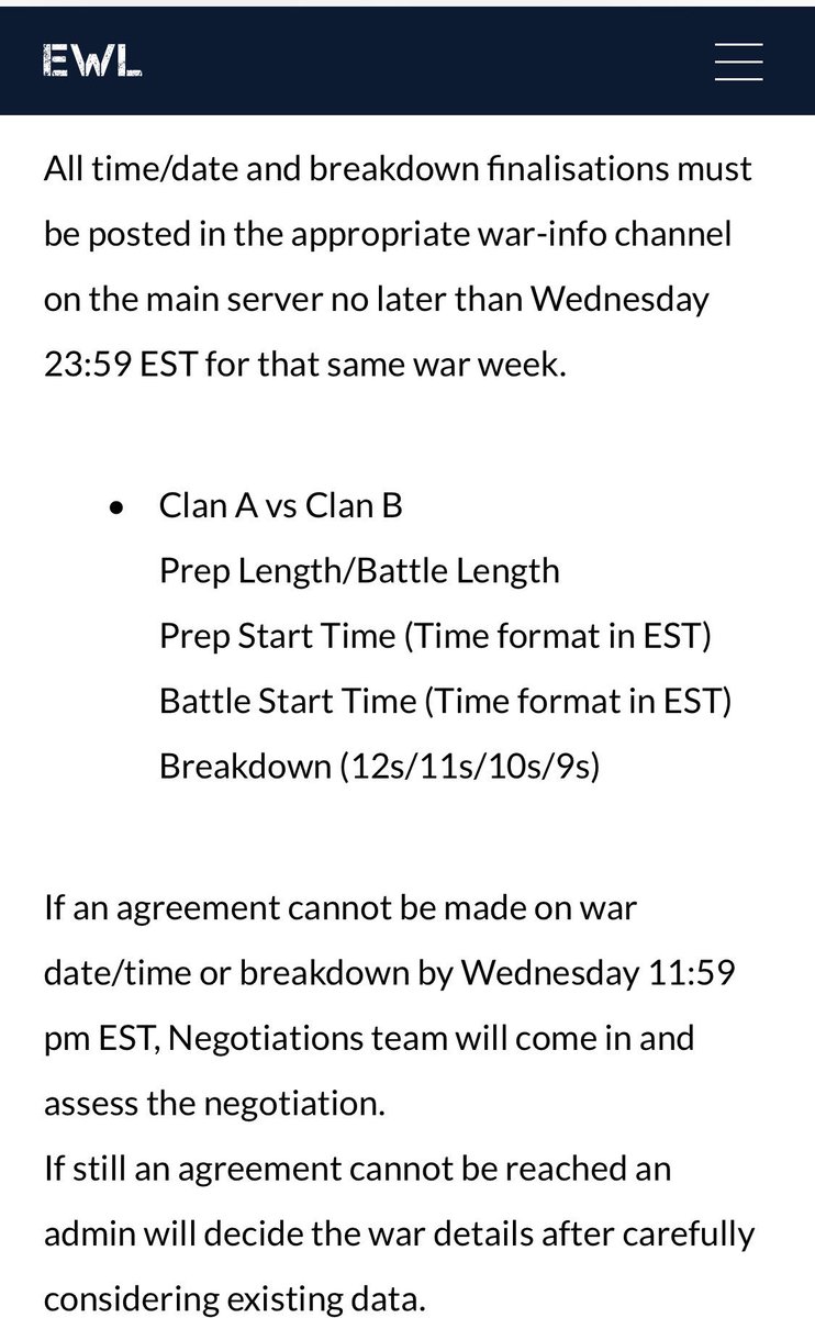 If you don’t have the balls to enforce the default times in your rules, don’t offer a default time...first season is always rough for new leagues but hopefully logic will help them in season 2 <a href="/EliteWarLeague/">Elite War League</a> if you don’t have the balls, don’t accept clans dual leaguing
