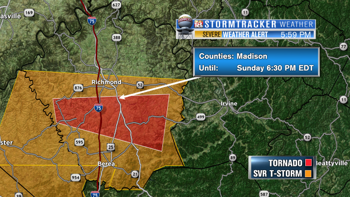 LEX18News's tweet photo. **TORNADO WARNING MADISON COUNTY!** Seek shelter immediately! Graphic has details. #LEX18StormTracker https://t.co/y0Wzg8Pv1t