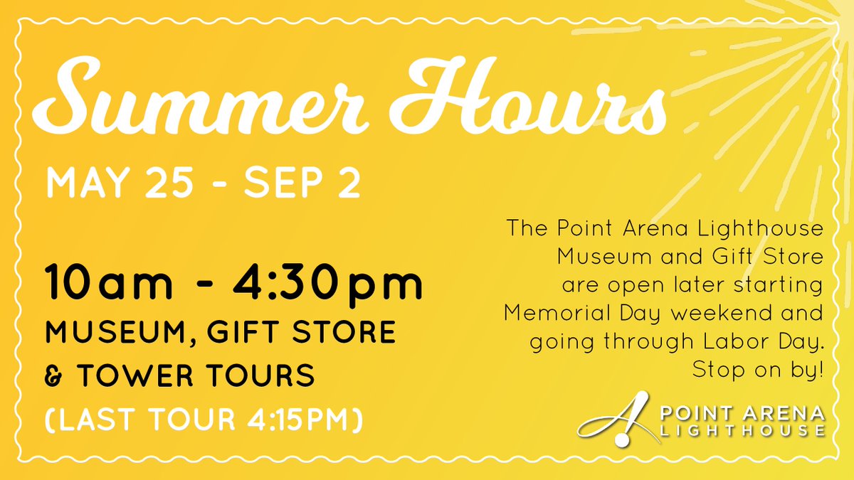PALKI707's tweet photo. Summer hours have begun! Starting Memorial Day weekend (yesterday) through Labor Day (Sep2), we are open from 10am-4:30pm. Last Tower Tour of the day at 4:15. Hope to see you here! https://t.co/RoaM6FUVKj