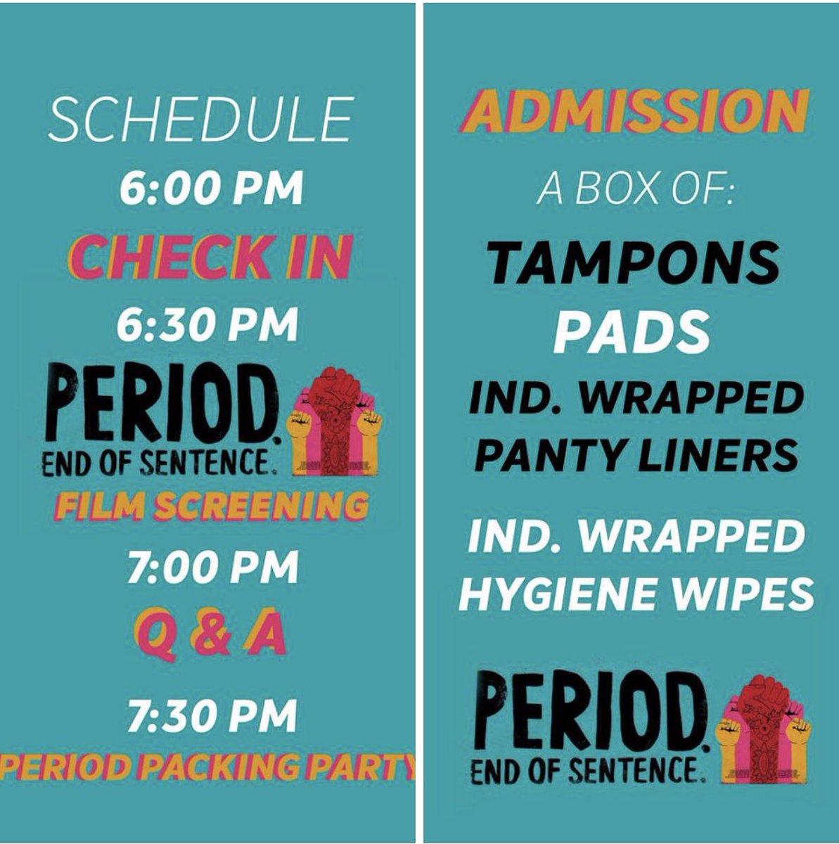 givehopehelp's tweet photo. Happening Tuesday, May 28, 2019, National Menstrual Hygiene Day!! Got your free tickets? GET THEM from the Facebook Event:
Period. End of Sentence Film Screening and Period Packing Party.
All period packs will go to KC Public libraries! #NoFemaleWithout @SharifaJackson @fox4kc https://t.co/P1w6o5wMm7