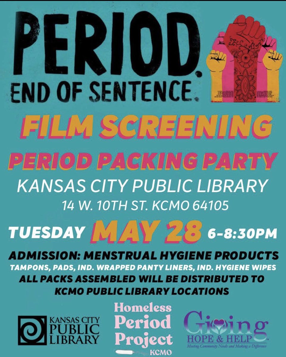 givehopehelp's tweet photo. Happening Tuesday, May 28, 2019, National Menstrual Hygiene Day!! Got your free tickets? GET THEM from the Facebook Event:
Period. End of Sentence Film Screening and Period Packing Party.
All period packs will go to KC Public libraries! #NoFemaleWithout @SharifaJackson @fox4kc https://t.co/P1w6o5wMm7