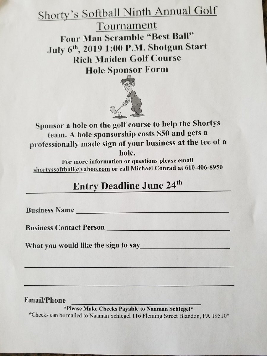 LyonsField's tweet image. If your interested in becoming a sponsor for the Ninth Annual Shorty's Softball Golf Tournament is on the poster below. Contact Michael Conrad via email at shortyssoftball@yahoo.com with any questions.