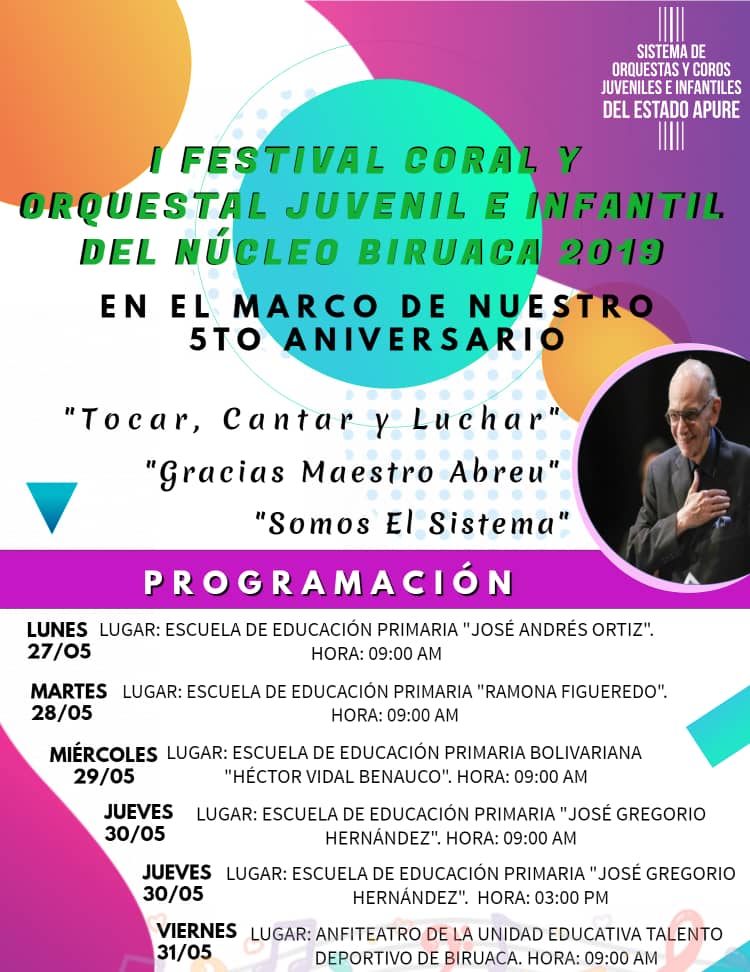 Mañana Lunes 27/05 inicia el 1er. Festival Coral y Orquestal de <a href="/nucleobiruaca/">NÚCLEO BIRUACA</a> <a href="/elsistema/">El Sistema</a> <a href="/elsistemaapure/">El Sistema Apure</a> en el marco de la celebración del 5to. Aniversario de <a href="/nucleobiruaca/">NÚCLEO BIRUACA</a> 
#SomosElSistema
#GraciasMaestroAbreu
#TocarCantarYLuchar