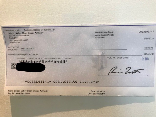After the 2nd yr of living in a fully electrified home with PV/batteries/heatpumps/LEDs/EVs, I can report again zero bill for gas, gasoline, or electricity, only a larger check ($586) from <a href="/SVCleanEnergy/">SV Clean Energy</a> for the 20% extra electricity sent back to the grid 
x.com/mzjacobson/sta…