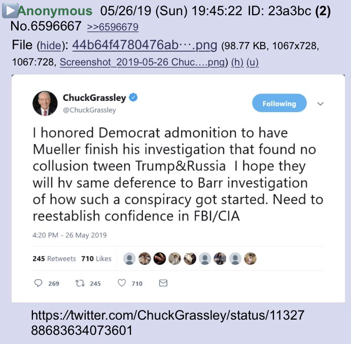 Grassley Tweet: I hope the Dem's have the same patience we had with Mueller!!Anon notable!! @realDonaldTrump