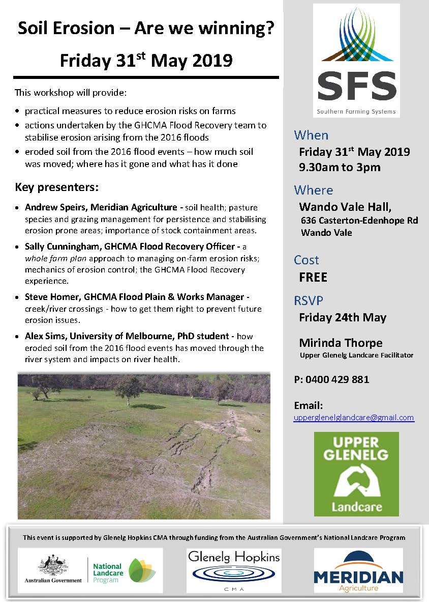 GHCMA's tweet photo. Get out of the hole before your paddock turns into one!
Get along to the soil erosion workshop at Wando Vale on Friday! @landcarevic @SouthernFS #soil #farming #pasture #soilstability #upperglenelg #glenelgriver https://t.co/RcqOgVbc5C