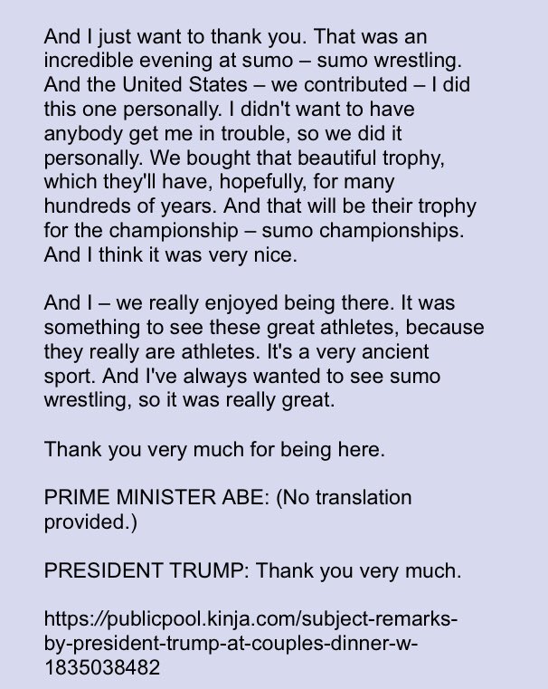 POTUS remarks at couples dinner in Japan. (video)!! https://publicpool.kinja.com/subject-remarks-by-president-trump-at-couples-dinner-w-1835038482Anon notable!! @realDonaldTrump