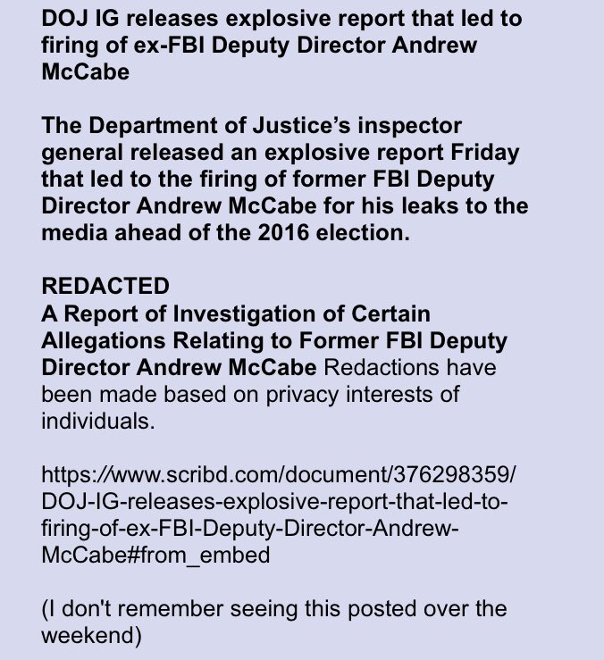DOJ IG releases report that led to firing of McCabe!! https://www.scribd.com/document/376298359/DOJ-IG-releases-explosive-report-that-led-to-firing-of-ex-FBI-Deputy-Director-Andrew-McCabe#from_embedAnon notable!! @realDonaldTrump