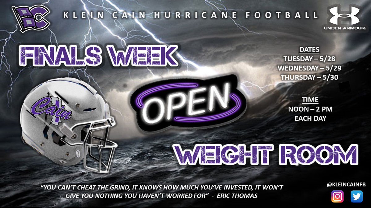 KLEINCAINFB's tweet photo. @KLEINCAINFB don't miss open weight room days during finals week next week! Keep the momentum of the storm rolling! #STORMSURGE19 #REIGNCAIN https://t.co/hshPtG1LZb