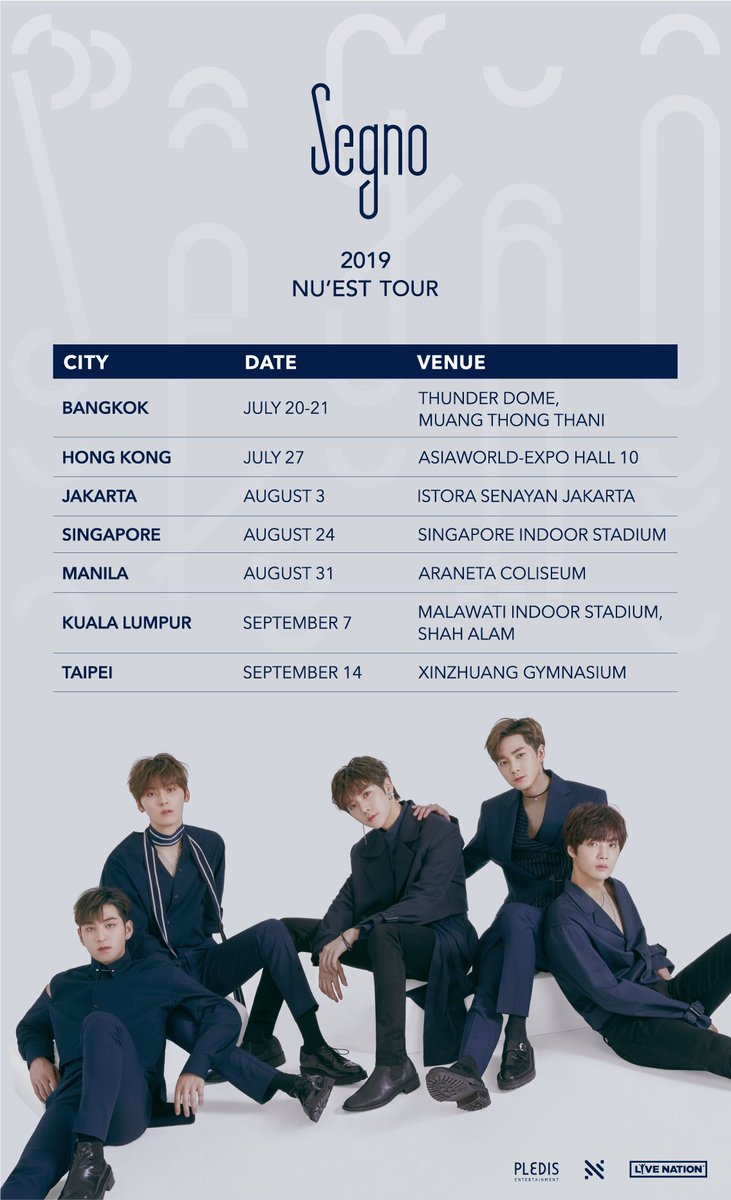 NUESTNEWS's tweet photo. [NOTICE] 2019 NU’EST TOUR <Segno>
All cities for the tour is now up! For more information on each show, please refer to the local promoter’s SNS. Thank you!
#NUEST #뉴이스트 #SegnoTour https://t.co/CZS6MkqYdE