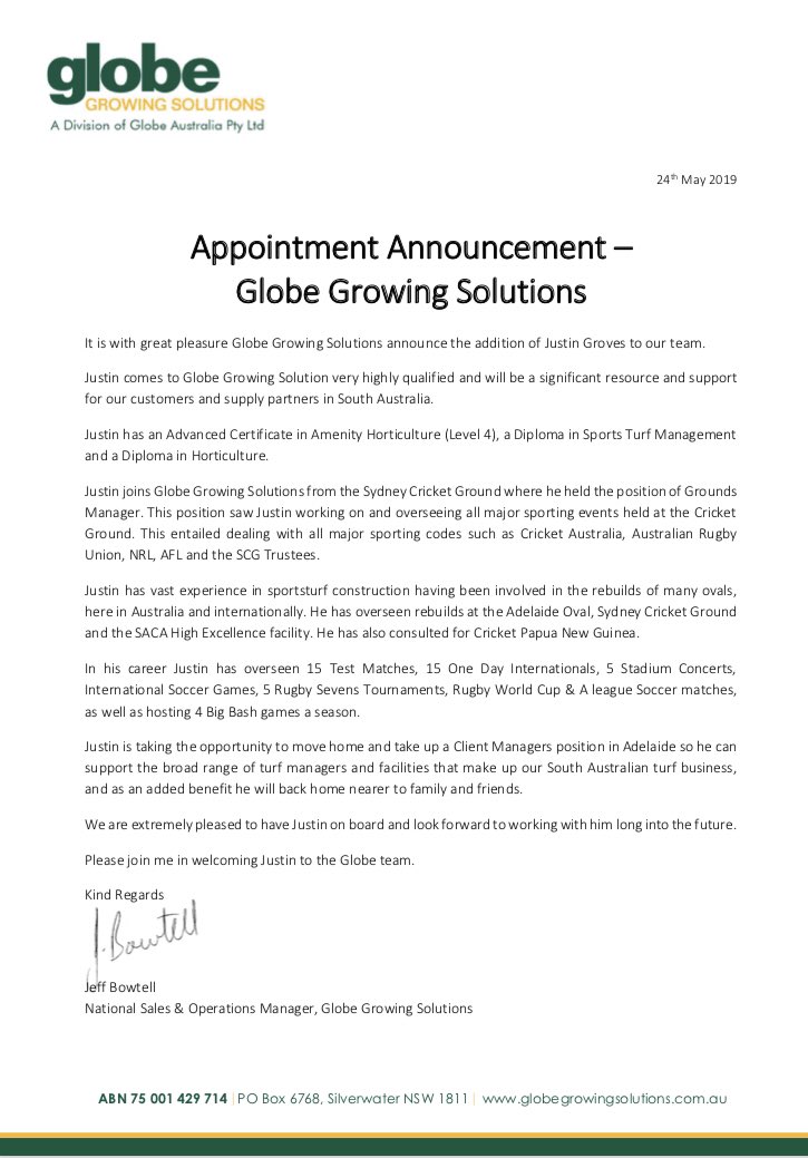 GlobeTurf's tweet photo. Welcome aboard Justin Groves. Justin will join Globe Growing Solutions as part of our South Australian Team in June. https://t.co/tHH0oo3rwG