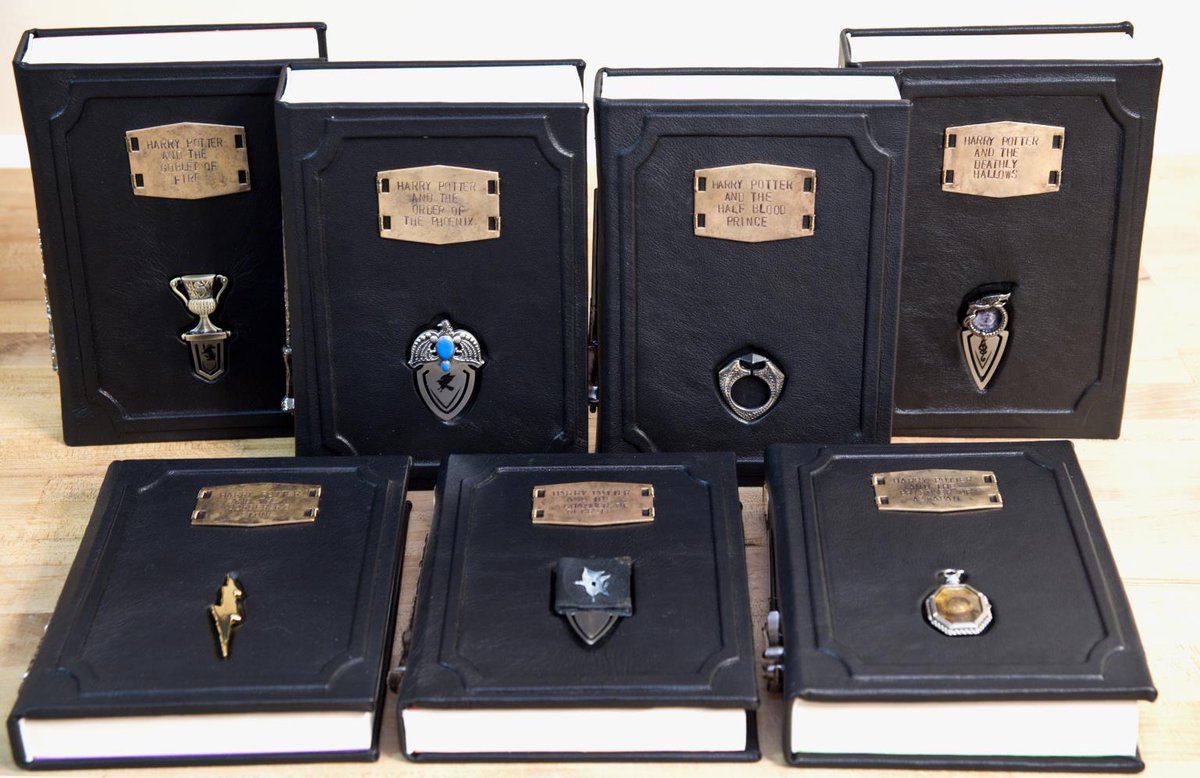 LisaLandrow's tweet photo. "I rebound the entire #HarryPotter series into artisan leather hardbacks, and somebody suggested that I share them with you guys here" https://t.co/CvKBiEGUGW