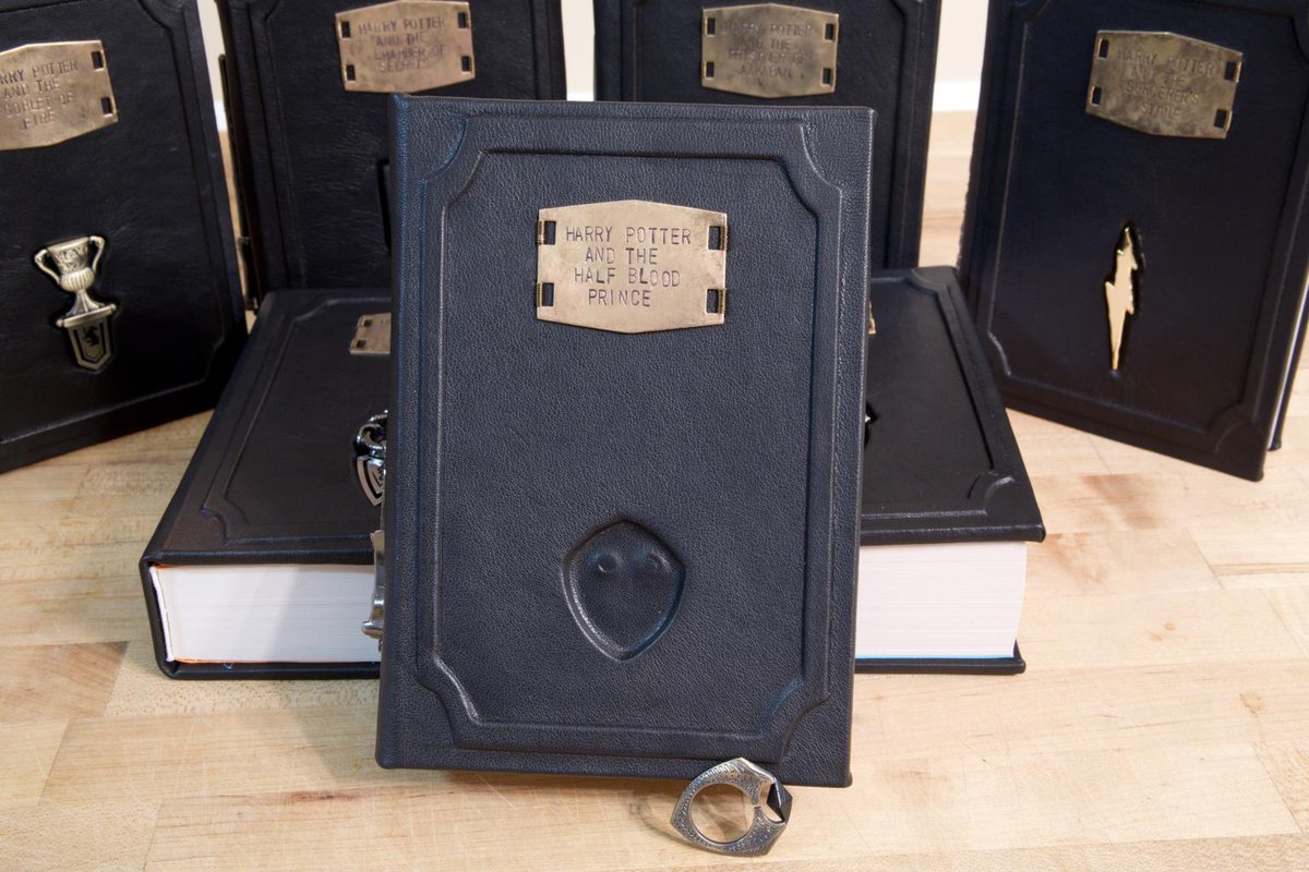 LisaLandrow's tweet photo. "I rebound the entire #HarryPotter series into artisan leather hardbacks, and somebody suggested that I share them with you guys here" https://t.co/CvKBiEGUGW