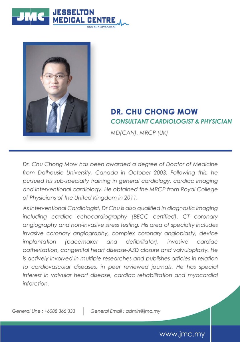 jmc_kk's tweet photo. Jesselton Medical Centre is pleased to announce the addition of Cardiac service, Dr Chu Chong Mow, Cardiologist &amp; Physician to our Medical Centre.

For an appointment, please contact JMC General Line at +60 88-366 333.

Thank you. https://t.co/PD3svjlUN3
