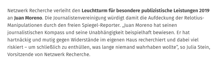 Für die Aufdeckung der #Relotius-Manipulationen erhält Juan Moreno den nr-Leuchtturmpreis 2019: netzwerkrecherche.org/blog/nr-leucht…

Verleihung am 14. Juni auf der nr-Jahreskonferenz #nr19. Die Laudatio hält Julia Friedrichs.