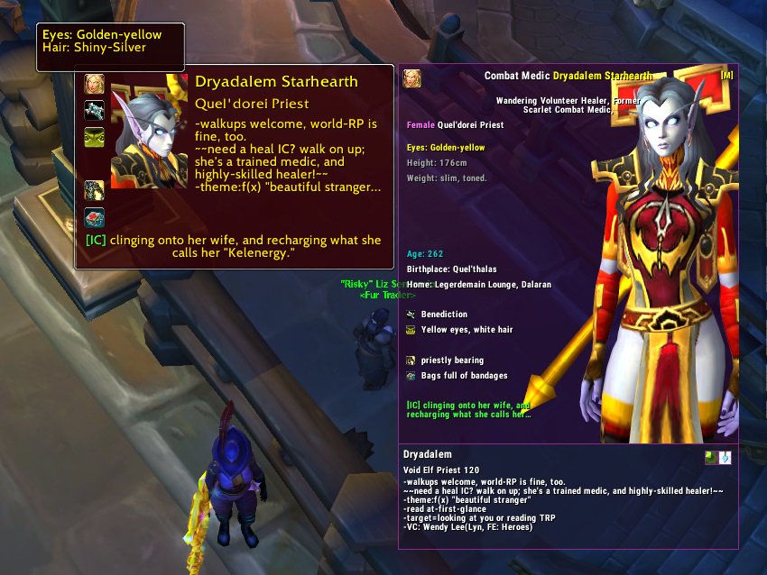 OraibiMoonGuard's tweet photo. rp:tags modes, side by side comparison on the same character.
On the left we have standalone mode (rp:UnitFrames) in the "Detailed" layout. On the right we have a rather over-the-top unitframe built in ElvUI.
#WorldOfWarcraft #Rptags #roleplaying #addons #totalrp3 #trp3 #wowrp https://t.co/DdoJbw7M6q
