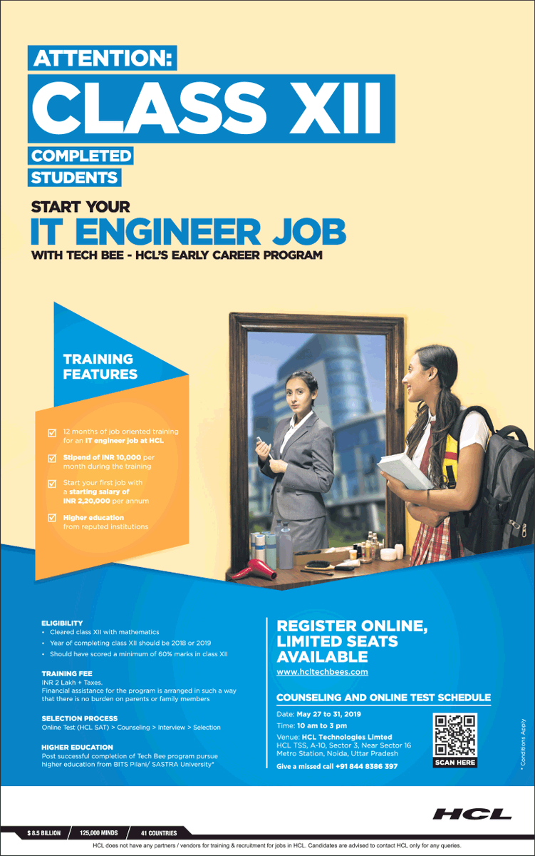 Advertisemant1's tweet image. Start your #ITEngineer #job with #TechBEE in #HCL&apos;s Early #Career Program