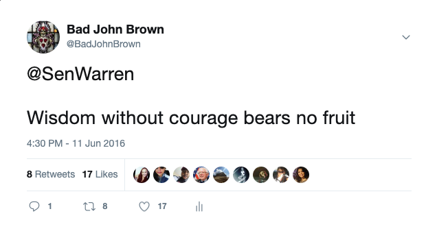 I think I summed it up well 3 years ago. Her wisdom without courage bears no fruit. https://twitter.com/BadJohnBrown/status/741774686439104512