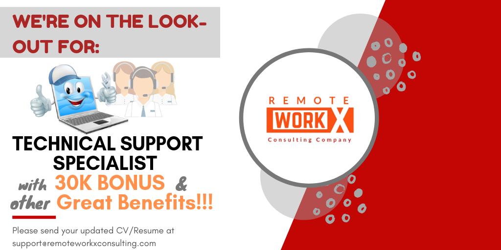 Remote WorkX Consulting Company (@remoteworkx) on Twitter photo Looking for:
TECHNICAL SUPPORT SPECIALIST
Apply now! Get 30K Signing Bonus and take advantage of other Great Benefits when you work with us.
Interested? Please send CV to support@remoteworkxconsulting.com and create profile here
bit.ly/2JQHTep Looking for:
TECHNICAL SUPPORT SPECIALIST
Apply now! Get 30K Signing Bonus and take advantage of other Great Benefits when you work with us.
Interested? Please send CV to support@remoteworkxconsulting.com and create profile here
bit.ly/2JQHTep