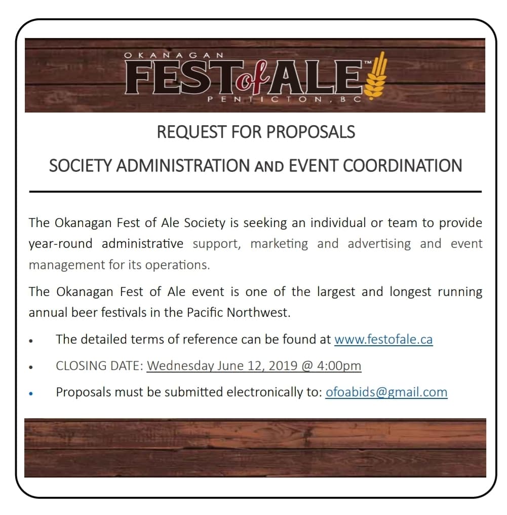 Okanagan Fest of Ale (@ofoas) on Twitter photo Want to work in the exciting world of #craftbeer? 25th annual #FestofAle will be in April 2020. We're seeking proposals from individuals or a team interested in administering <a href="/OFOAS/">Okanagan Fest of Ale</a> and coordinating the upcoming festival.
#PentictonAleTrail #PenCityBeer #Penticton #Okanagan Want to work in the exciting world of #craftbeer? 25th annual #FestofAle will be in April 2020. We're seeking proposals from individuals or a team interested in administering <a href="/OFOAS/">Okanagan Fest of Ale</a> and coordinating the upcoming festival.
#PentictonAleTrail #PenCityBeer #Penticton #Okanagan