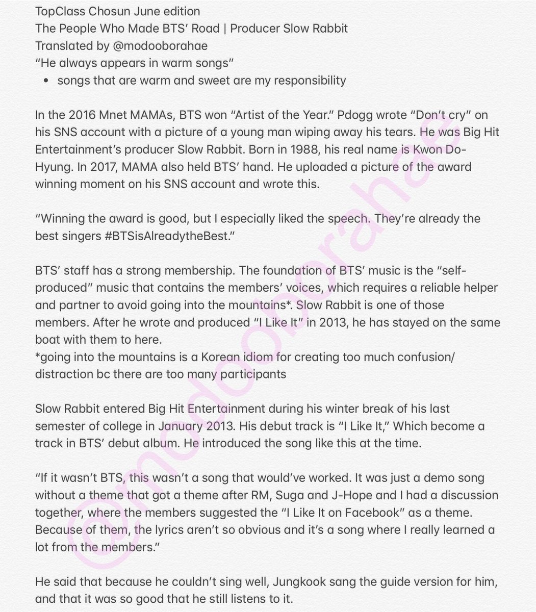 TopClass Chosun released its June edition of all things  @BTS_twt. Here’s a translation about Slow Rabbit, a Big Hit producer. (I want him to drop the Jungkook guide version of “I Like It”)  #BTS  #방탄소년단   http://topclass.chosun.com/mobile/board/view.asp?catecode=R&tnu=201906100011