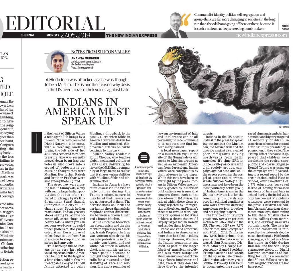 Newspaperwalli's tweet photo. An Indian-American teen suffered severe brain injuries after a man drove his car through pedestrians in Silicon Valley as he thought they were Muslim. My opinion piece on why it’s time Indians in America speak up against a climate of hate and Islamophobia. https://t.co/HCu2N1kGvh https://t.co/z4wcIQr5vz