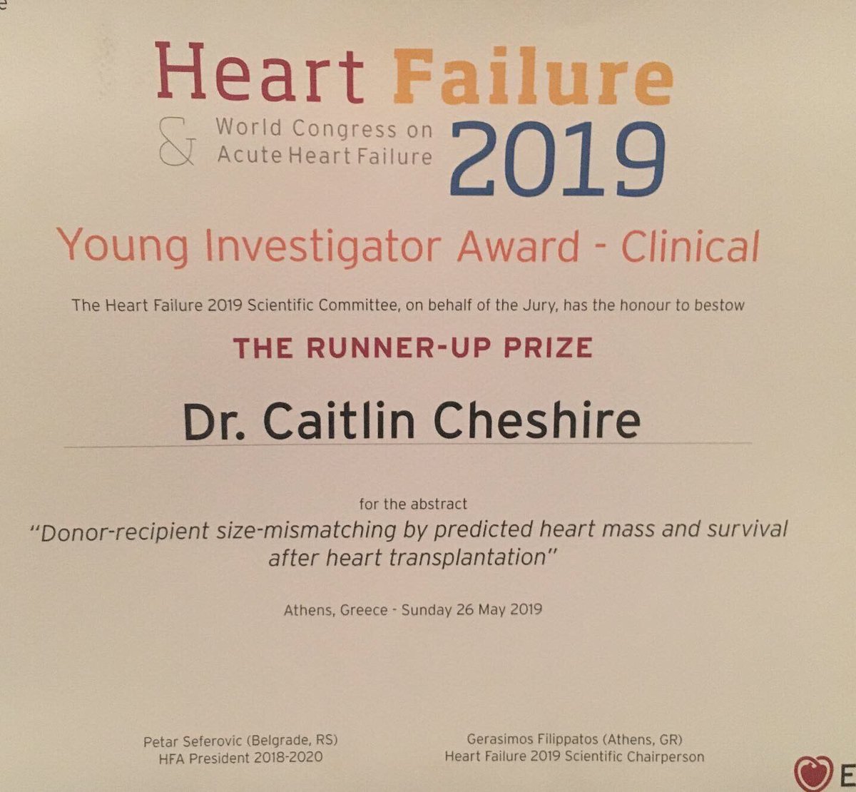 Honoured to have been awarded runner-up in the Young Investigator Award-Clinical at #Heartfailure2019 for our work on size matching by predicted heart mass in heart transplant. Many thanks to senior author @drstephenpettit for the ongoing guidance & support.